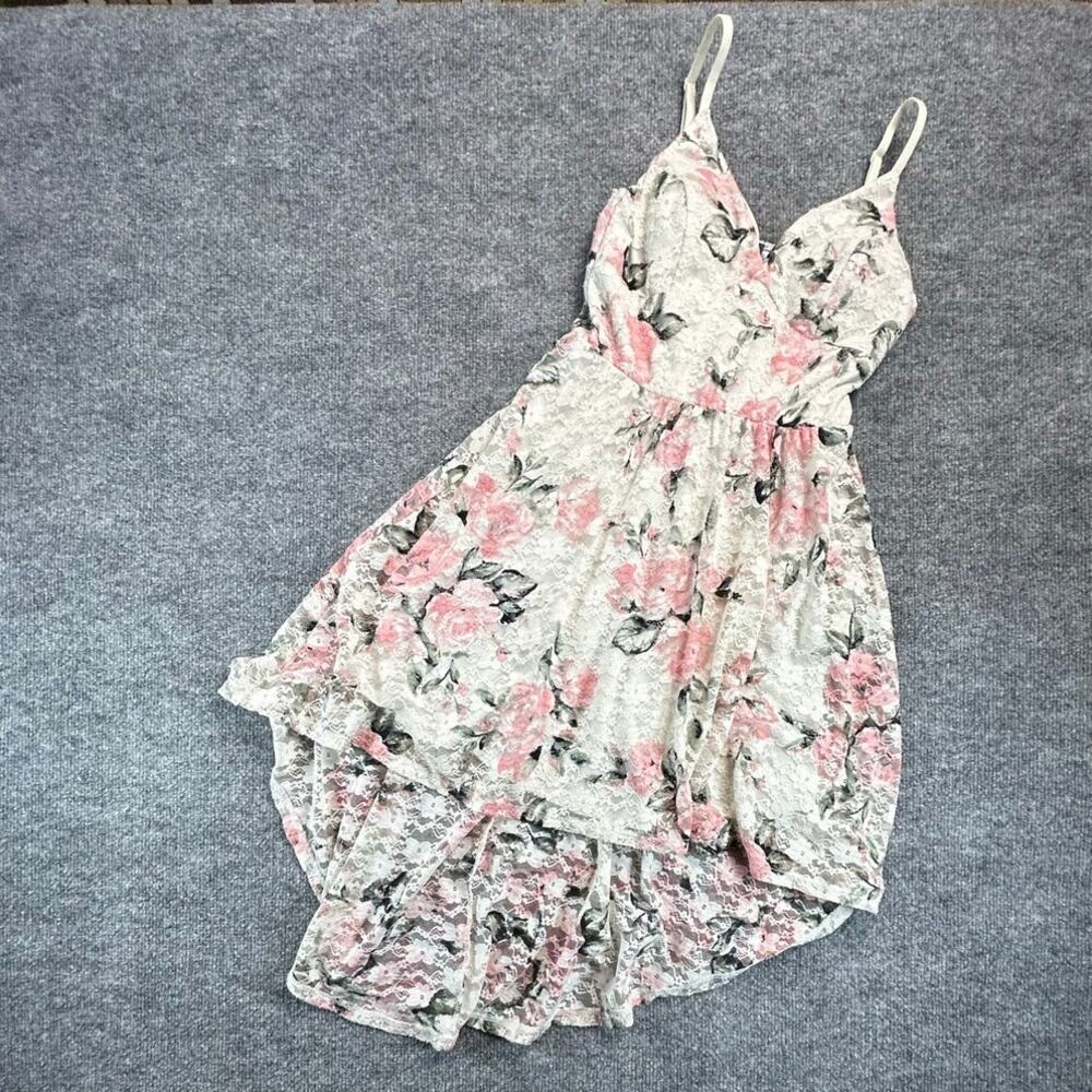 Lily Rose Floral Lace High Low Dress Women XS Ivory Pink Padded Bust Strappy